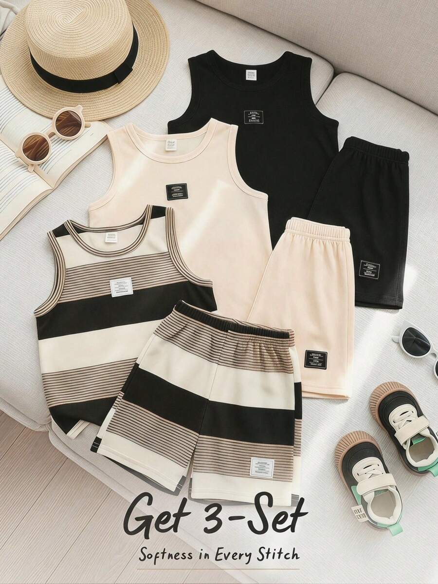 Cozy Pixies Young Boy Letter Print Crew Neck Tank Top And Shorts Casual Set - Multicolor - View 1