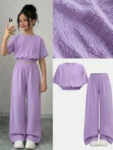 Firerie Kids Setelan 2 Potong untuk Liburan Kasual dan Modis Anak Perempuan Remaja: Atasan Lengan Pendek Longgar Leher Bulat Warna Polos + Celana Panjang - Mauve Purple - View 8