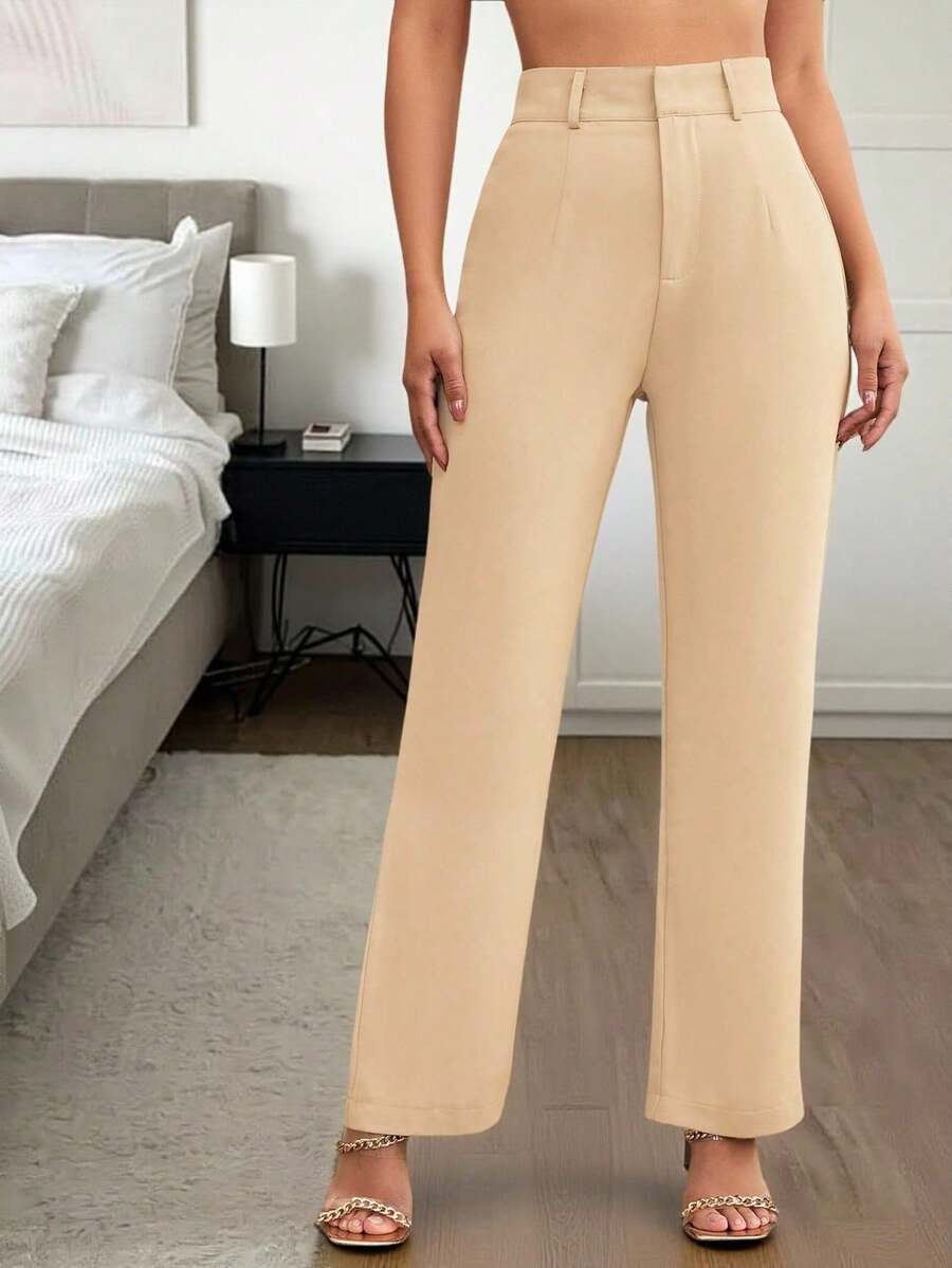SHEIN LUNE Pantalones rectos de traje con cierre de cremallera de unicolor para otoño/invierno - Albaricoque - Ver 1