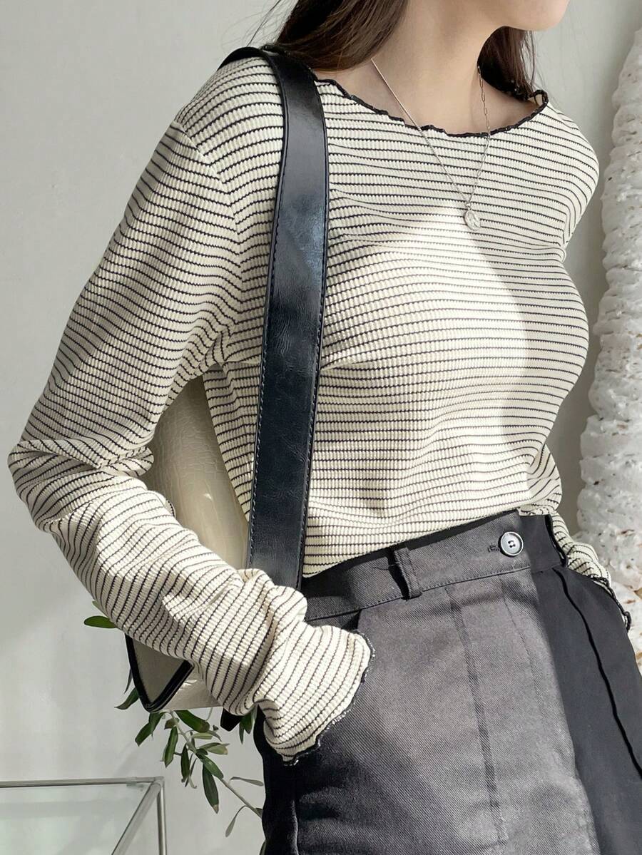 DAZY Striped Print Lettuce Trim Tee,Fall Clothes Long Sleeve Women Tops - Multicolor - View 1