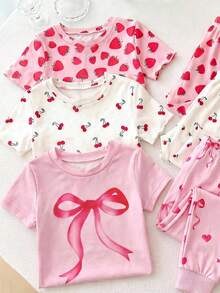 LMoss Kids Cute & Sweet Bow Heart Print, Pink, Baby Girl Casual Minimalist Snug Fit Round Neck Short Sleeve Pants Pajamas, Suitable For Summer - Pink - View 4
