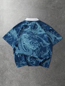 ROMWE MEN Prep Men's Street Graphic Print Polo Shirt, Suitable For Spring And Summer - Blue - View 2
