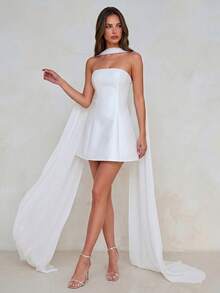 Aloruh Elegant, Luxurious, Romantic, Simple, Magnificent, Court Style, White, Satin, Off-Shoulder, A-Line Maxi Skirt, Ribbon, Belt-Tied Waist, Suitable For Bachelorette Party, Wedding, Graduation Ceremony, Vacation, Bridal Shower Dress - White - View 8