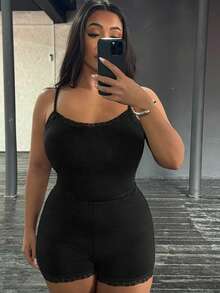 Dazy Plus Plus Size Women Lace Patchwork Camisole & Shorts Pajama Set, Black, Spring/Summer Home Wear - Black - View 5