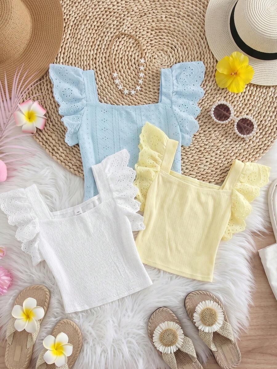 SHEIN Tween Girls' Casual Everyday Comfortable Square Neck Ruffle Trim Cami Top - Yellow - View 1