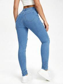 SHEIN EZwear 休閒斜口袋磨損修身牛仔褲 - 淺色水洗藍 - 查看 2