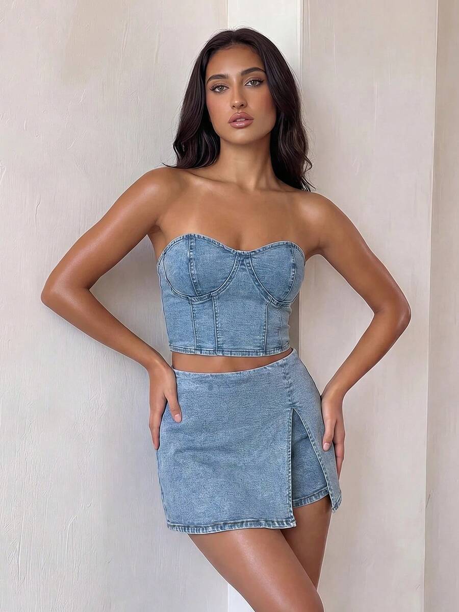 SHEIN Glamour Váy và quần jean nữ thời trang thường ngày, phong cách đường phố, thích hợp cho kỳ nghỉ hoặc đi làm. - Màu xanh lam - Xem 1