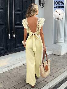 Serisse Women's Casual Solid Color Backless Jumpsuit, Summer - Yellow - View 4