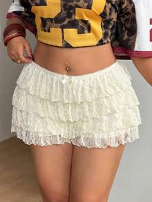 Coolane Women's Plus Size Summer Concert Going Out Party Chic Sexy Vacation Lace Stretchy Elastic Waistband Beige Mid Rise Ruffle Shorts Festival - Beige - View 2