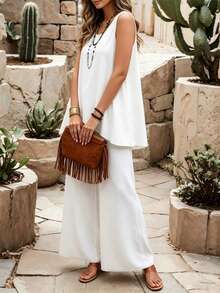 EMERY ROSE Conjunto de 2 piezas para mujer talla grande con top de tirantes de color liso, cuello redondo y bajo asimétrico, y pantalones casuales holgados de pierna ancha, adecuado para primavera y verano - Blanco - Ver 4