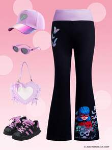 Miraculous Ladybug X SHEIN Young Girl Letter & Cartoon Print Elastic Waist Casual Leggings, Versatile For Daily Wear - Black - View 3