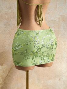 Glamine Women's Vacation Fashion Shiny Sequin Mini Skirt Floral Embroidery Romantic Girlisim Edgy Feminine Style Beach Golf Parties Summer - Green - View 3