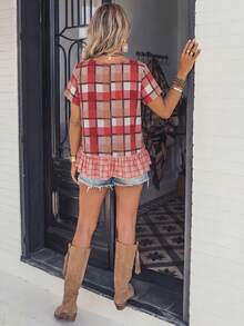 LanaWest Women's Western Casual Red Plaid V-Neck Short Sleeve Hem Patchwork Pink Plaid Ruffle Hem A-Line Loose Multicolor Shirt, Spring/Summer - Multicolor - View 6