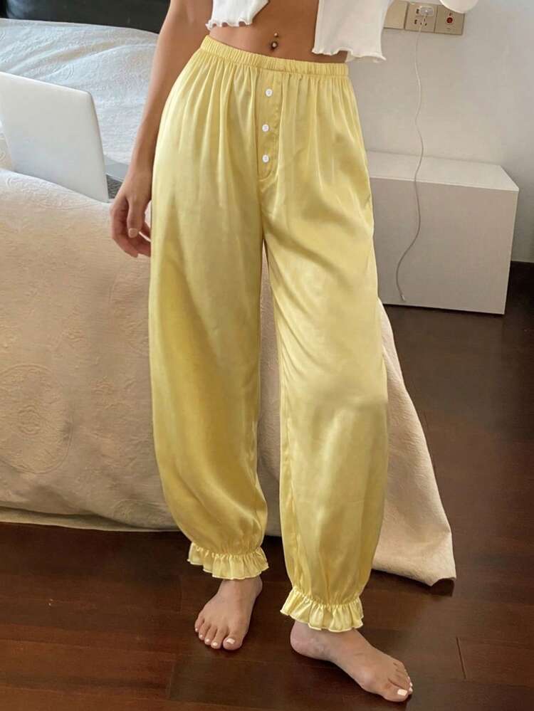 Women Solid Color Drawstring Pajama Bottoms