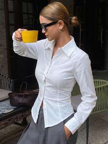 Joudiya Ladies' Simple Solid Color Daily Long Sleeve Shirt,Long Sleeve Tops,Fall Clothes - White - View 11