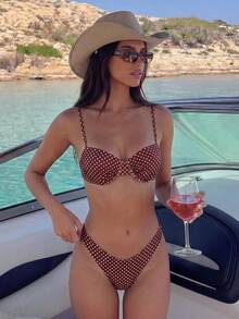Swim Mod Conjunto de Bikini de 2 Piezas con Aros, Estampado de Lunares & Estampado Aleatorio, Traje de Baño Sexy para Vacaciones de Primavera/Verano - Multicolor - Ver 1