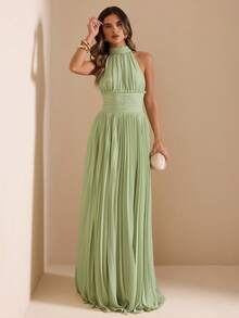 SHEIN BAE Spring & Summer Green Neck-Tie Waist Ruffle Dress, French Romantic Style For Dates And Vacations - Green - View 3