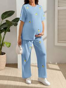GentleRue Maternity Maternity Casual Lemon Embroidery T-Shirt And Pants 2 Pieces Set Maternity Photoshoot Light Blue Summer - Blue - View 4