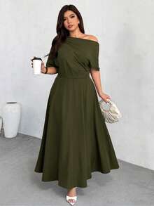 Firerie Plus Size Women Vacation Asymmetric Shoulder Fashionable Ruffle Dress - Army Green - View 6
