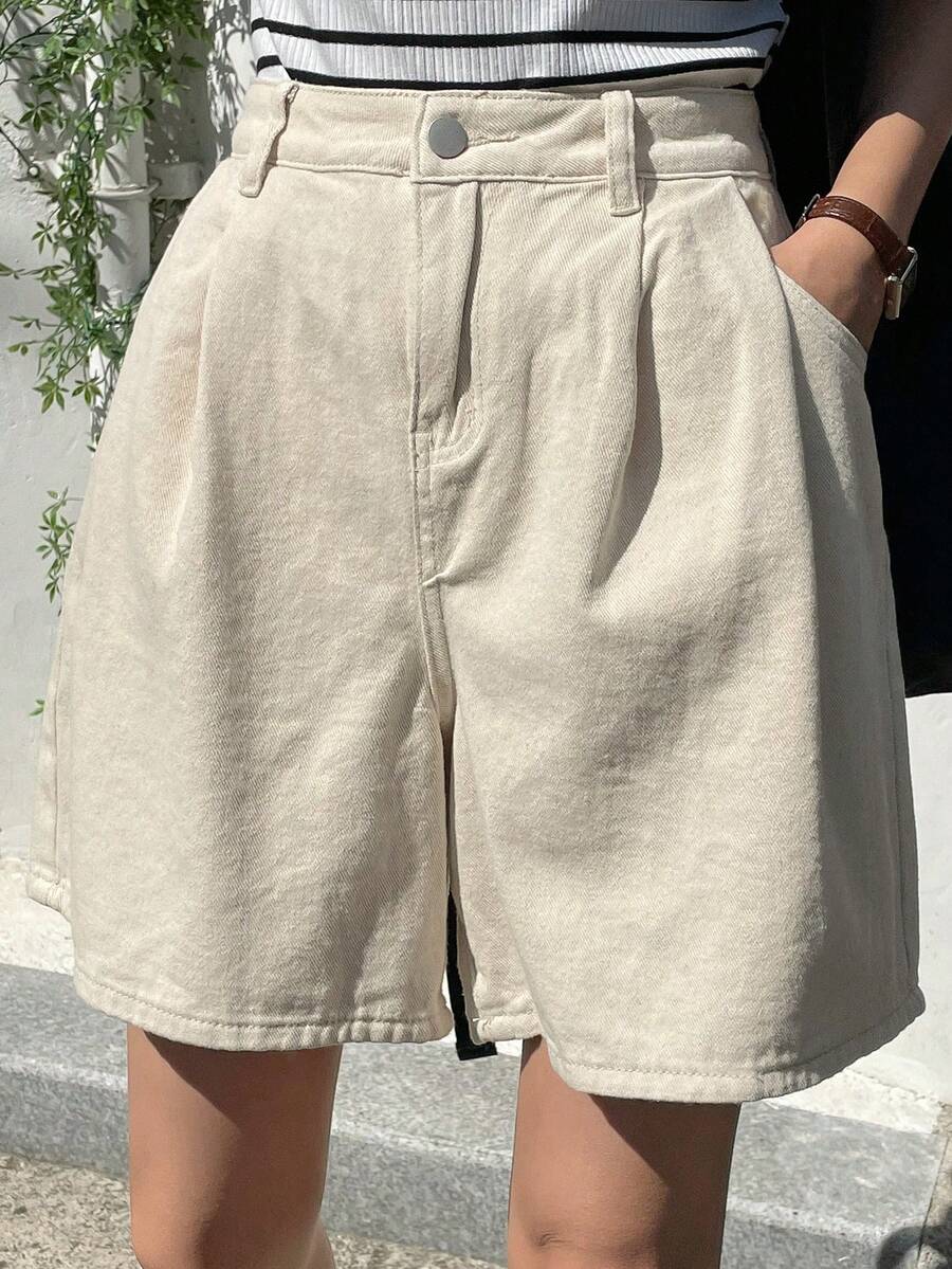 DAZY High Waist Plicated Detail Wide Leg Denim Shorts Jorts - Beige - View 1