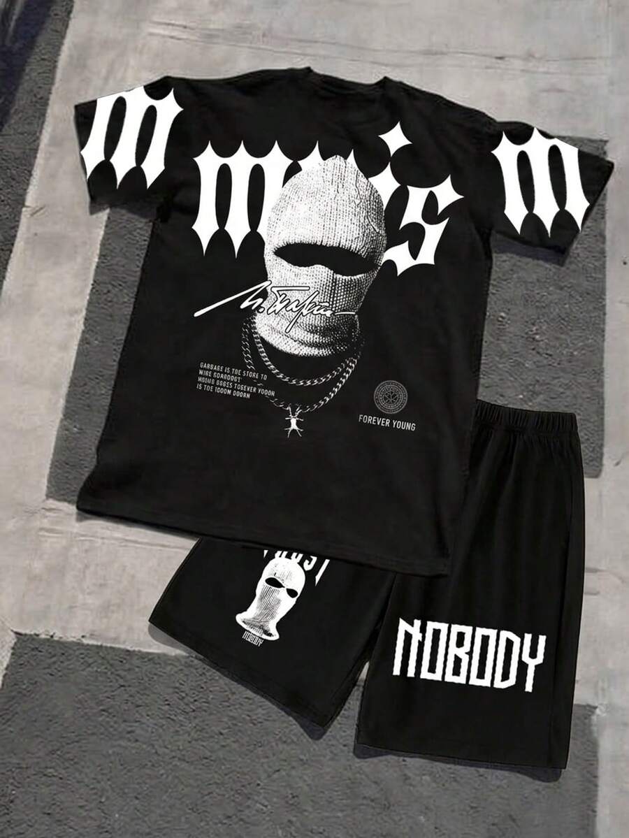 SHEIN Conjunto de streetwear com estampa de máscara gótica para adolescentes, composto por camiseta de manga curta e gola redonda e shorts com bolso. Ideal para primavera/verão. - Multicolorido - Ver 1