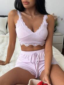 DAZY 2pcs Lace Patchwork Cropped Camisole And Shorts Pajama Set For Women, Summer - Purple - View 5