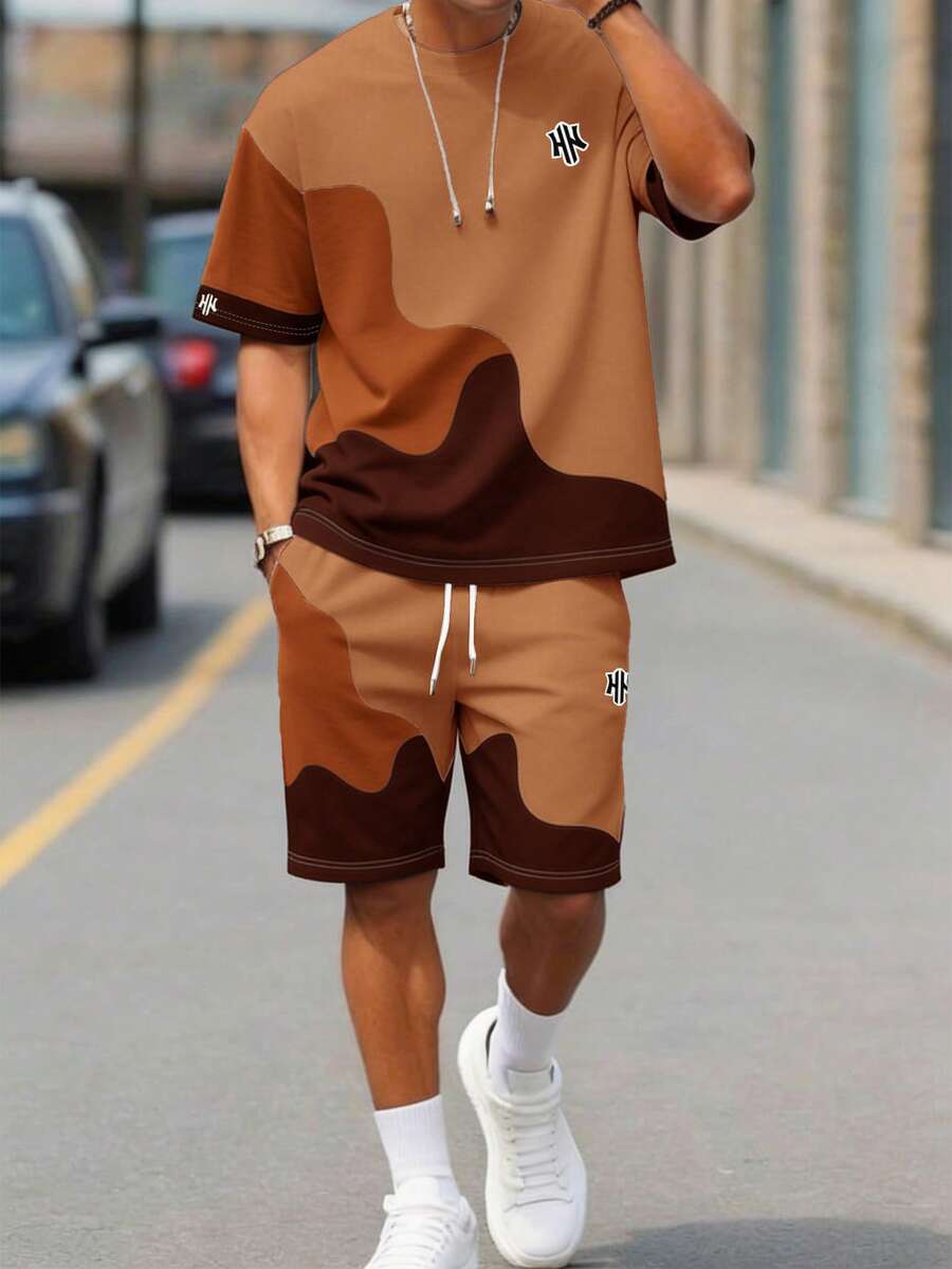 Sorvial Men's Casual Colorblock Print Short Sleeve T-Shirt & Shorts Set, Holiday - Multicolor - View 1