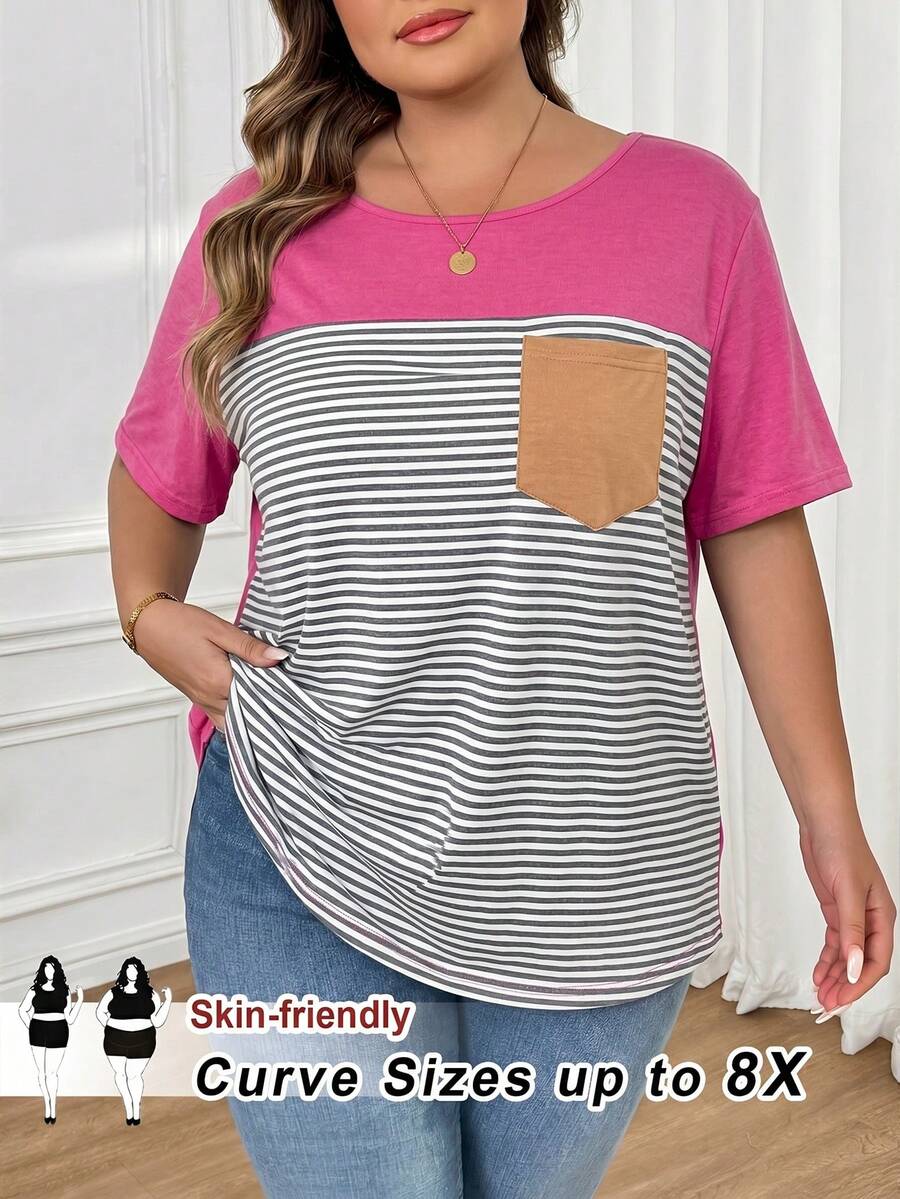 SHEIN CURVE+ 大码女式撞色条纹拼接T恤 - 彩色 - 查看 1