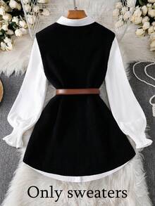 INAWLY Chaleco de manga larga de color contrastante para mujer de talla grande - Negro - Ver 2