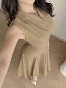 Feyla 女士纯色拉链设计短袖休闲迷你连衣裙 - 卡其色 - 查看 6