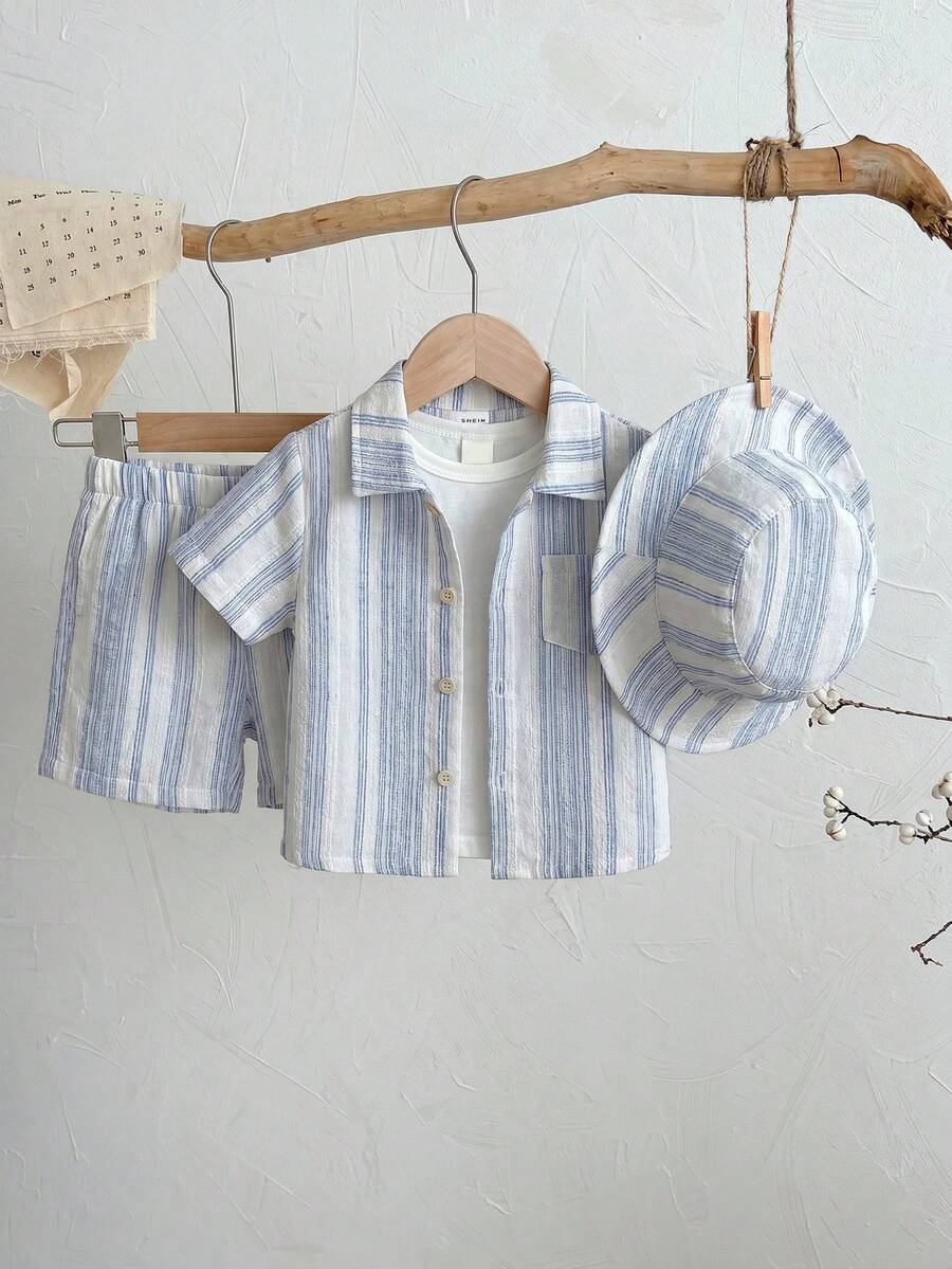 SHEIN 3件組/套 男女通用嬰兒男/女童卡其色條紋短袖襯衫、短褲和遮陽帽,春/夏嬰兒男童服裝套裝 - 藍白色 - 查看 1