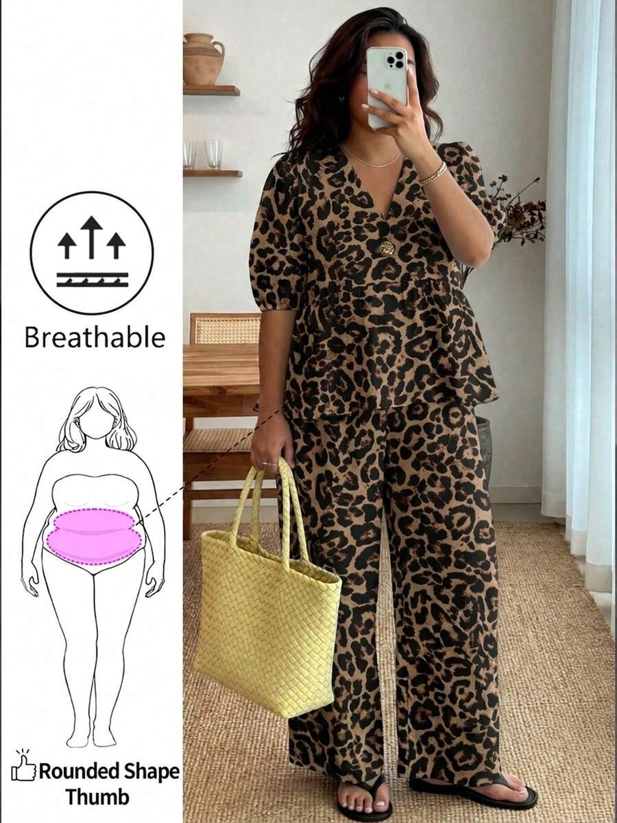 Enliva Plus Size Leopard Print Shirt And Pants 2 Pieces Set, For Apple And Rounded Holiday Vacation Summer Boho