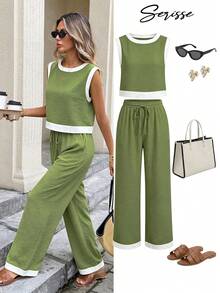 Serisse Women's Summer Casual Vacation & Commute Contrast Trim Cropped Tank Top And Wide Leg Pants 2 Pieces Set - Green - View 7