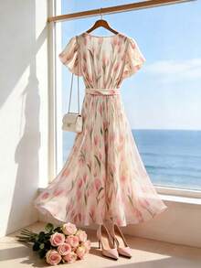 Franclia Đầm midi nữ mới cổ vuông, viền bèo, eo xếp ly - Hồng - Xem 2