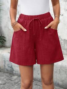 EMERY ROSE Plus Size Women's Solid Color Pocket Red Shorts, Summer Vacation - Red - View 7