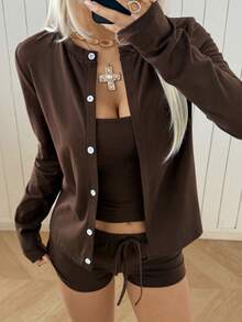 SHEIN EZwear 女士纯色吊带背心、短裤和长袖开衫休闲套装 - 咖啡棕 - 查看 5