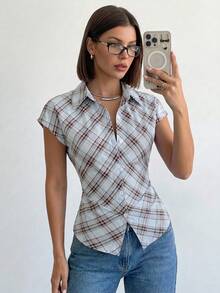 Firerie Áo sơ mi nữ tay ngắn kẻ sọc xanh trắng, kiểu dáng thắt eo xếp ly bên hông, áo dành cho giáo viên, trang phục công sở, áo sơ mi công sở thường ngày, thiết kế thắt eo, áo sơ mi tối giản mặc hàng ngày, áo đi nghỉ mát, áo sơ mi kẻ sọc thắt eo, phù hợp cho mùa xuân, hè, thu, đông, thanh lịch, phong cách nghỉ dưỡng, boho, trang phục công sở, dịp trang trọng. - Nhiều màu - Xem 6