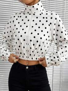 SHEIN EZwear 白色底波点梭织女式插肩袖拉链外套 - 黑與白 - 查看 7