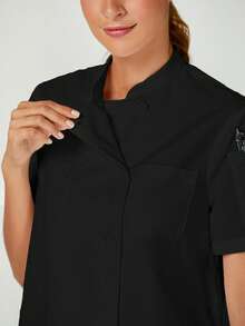 TaskEZ White Short Sleeve Chef Coat Jackets For Women Front Button Short Sleeve Pocket Minimalist - Black - View 3