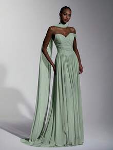 Elitara Elegant Strapless Mesh Gown,Fishbone Decor Front Slit Ruffle Trim Flared A-Line Silhouette With Train,Formal Party Bridesmaid Evening Dress In Blue - Green - View 1