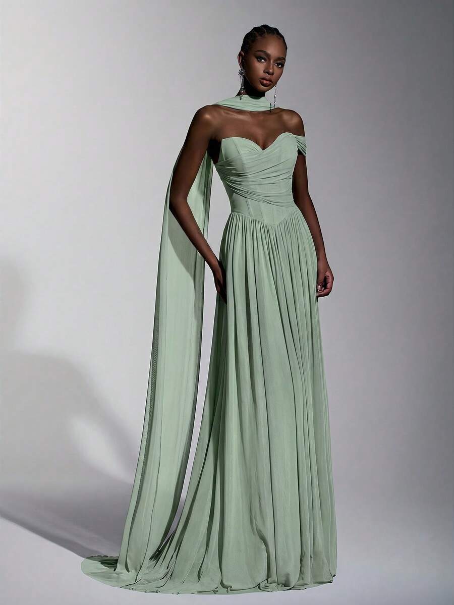Elitara Elegant Strapless Mesh Gown,Fishbone Decor Front Slit Ruffle Trim Flared A-Line Silhouette With Train,Formal Party Bridesmaid Evening Dress In Blue - Green - View 1