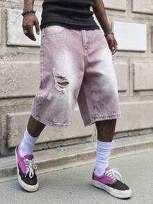 Manfinity EMRG Men's Fashionable Summer Loose Straight Ripped Casual Denim Shorts - Pink - View 5