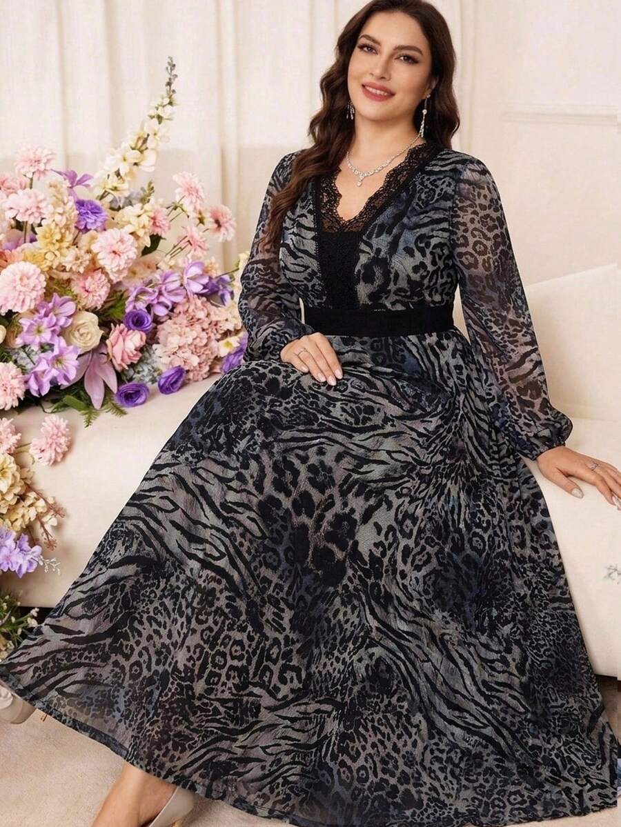 Modelyn Vestido Elegante Plus Size com Estampa Animal, Renda Contrastante e Manga Lanterna, Estampa de Vaca para Convidada de Casamento Formal de Outono