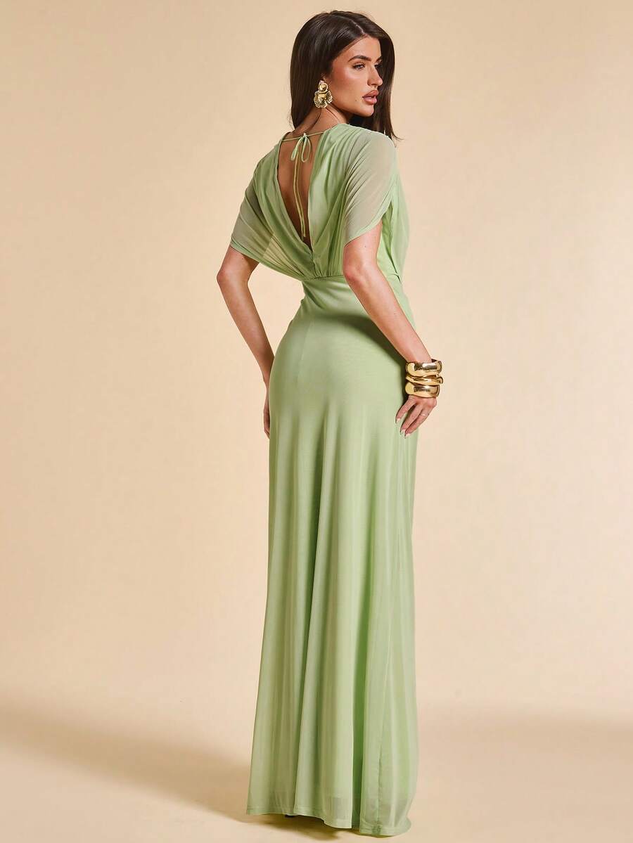SHEIN BAE 春夏深V领扭腰长款连衣裙,优雅伴娘礼服 - 綠色 - 查看 1