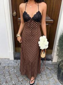 Vestido largo con estampado de lunares negros, encaje, escote en V, cuello halter, espalda descubierta, cintura con lazo, para mujer, primavera/verano, elegante, vacaciones - Blanco - Ver 9