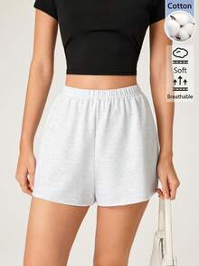 SHEIN BASICS 女款戶外運動休閒基本款寬鬆鬆緊腰短褲 夏季居家健身運動輕灰色居家運動短褲 - 灰色 - 查看 6