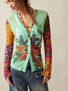 Bohemela Áo nữ dệt kim lưới họa tiết hoa, kiểu dáng thường ngày, cài một hàng cúc. - Nhiều màu - Xem 7
