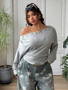 SHEIN EZwear Plus Size Women's Solid Color Oblique Shoulder Ruched Casual 90s Pullover Sweatshirt, Versatile For Daily Wear Holiday Green Autumn - Light Grey - View 6