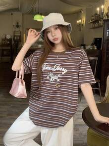 TOM AND JERRY X DAZY Áo thun nữ cổ tròn kẻ sọc tay ngắn in hình hoạt hình dễ thương - Nhiều màu - Xem 8