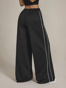 SHEIN PETITE 女士冬季街头风家居日常穿着外出运动休闲基本款条纹纹理装饰黑色低腰宽松运动裤 - 黑色 - 查看 2